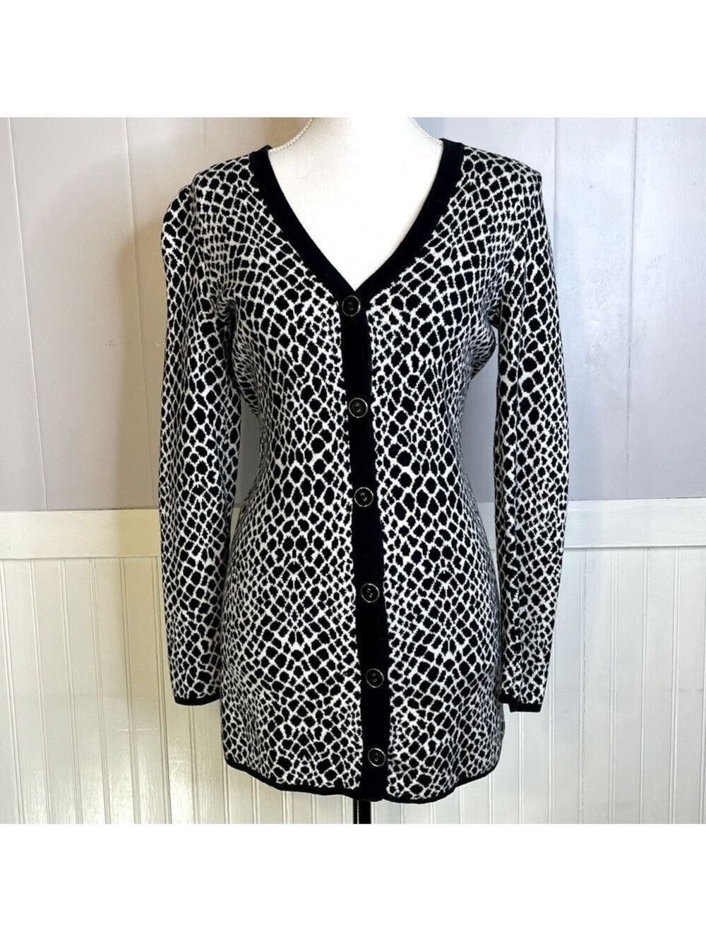 black and white snakeskin patterned cardigan sweater by Isaac Mizrahi